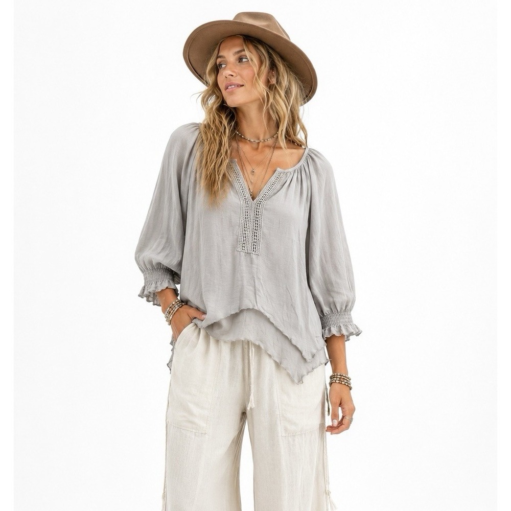 Peasant Blouse Top Sz L Grey Crochet Trim Boho Cottagecore Festival Lagenlook